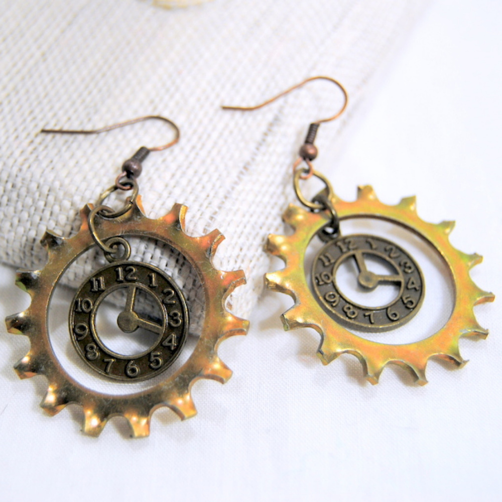 Steampunk Dangling Watch Lock Washer Earrings